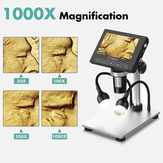 Elikliv 4.3'' Electronics Soldering Microscopes 1080P LCD Digital Microscope 50X-1000X With 2 Fill LED Metal Base for PCB