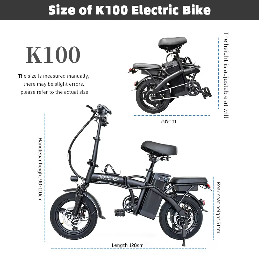 DEEPOWER K100 Electric Bike 400W 48V 10AH/30AH Foldable Adult Mini Ebike for City Commuters, Urban Commuting Electric Bicycle