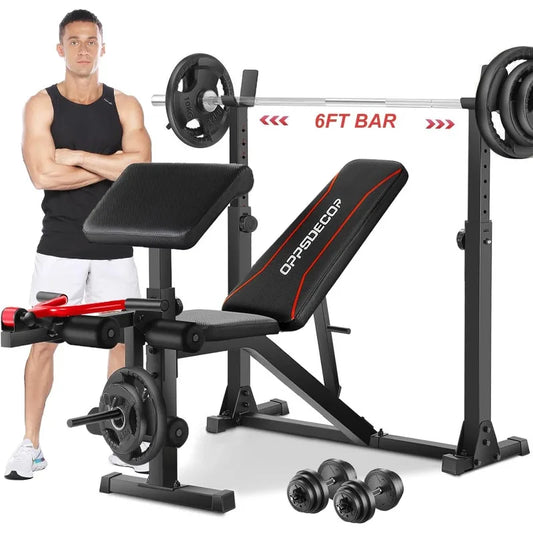 OPPSDECOR Weight Bench Set with Leg Extension and Curl, 900LBS Profesional Bench Press Set and Barbell Rack
