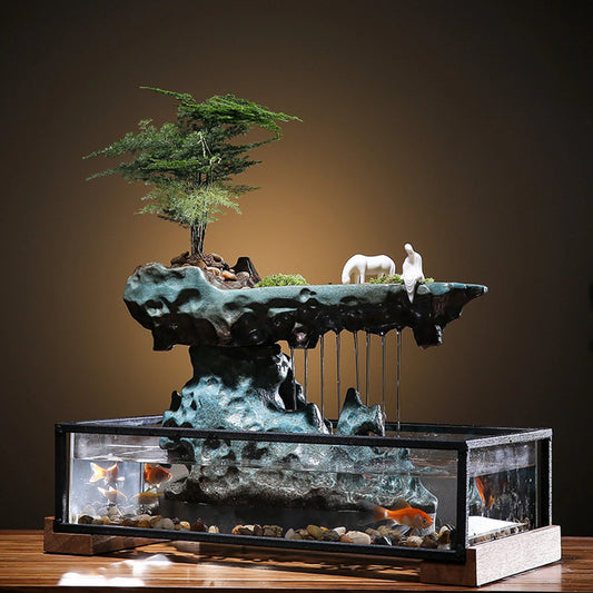 Desktop Rockery Waterfall Fountain Indoor Tabletop Ornament with Aquariums and Stones for Home Office 110V