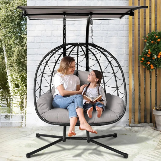 Double Egg Swing Chair with Stand & Adjustable Canopy, Outdoor Indoor Hanging Egg Chair, Handwoven Pe Rattan Loveseat with Uv-Re