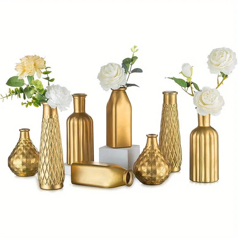 Cylindrical Gold Glass Vase with Gilded Finish Antique Art Style for Home Decoration and Table Centerpiece