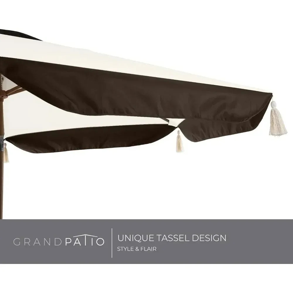 9FT Patio Umbrella with Fringe, Outdoor Tassel Umbrella with Push-Button Tilt for Poolside, Deck, Garden, Beige and Coffee