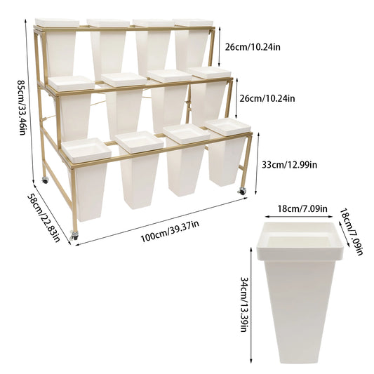 Flower Display Stand With 12PCS Buckets 3 Layers Plant Cart with Wheels Heavy Duty Moving Flower Rack for Indoor Outdoor Patio
