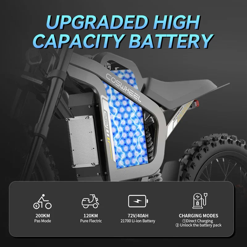 Coswheel 72V Electric Bike Motorcycles R19 6000W Dirt Mountain Bike 72V 40AH Battery Lightweight Off-Road EBike For Adult