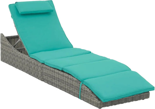 Folding Outdoor Adjustable Chaise Lounge Chair with Removable Cushion, Fully Assembled, Patio PE Rattan Reclining Lounger