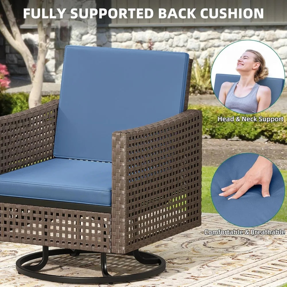3 Pieces Swivel Rocking Chairs, Patio Wicker Chairs Outdoor Patio Furniture Set with Rattan Side Table, Thickened Cushions, Bis