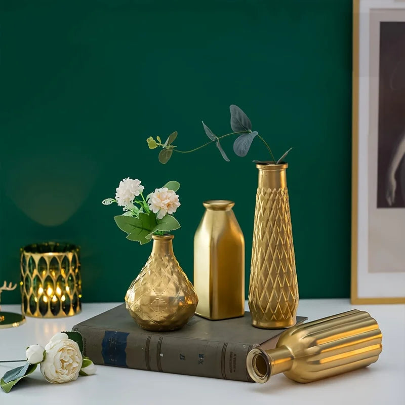Cylindrical Gold Glass Vase with Gilded Finish Antique Art Style for Home Decoration and Table Centerpiece