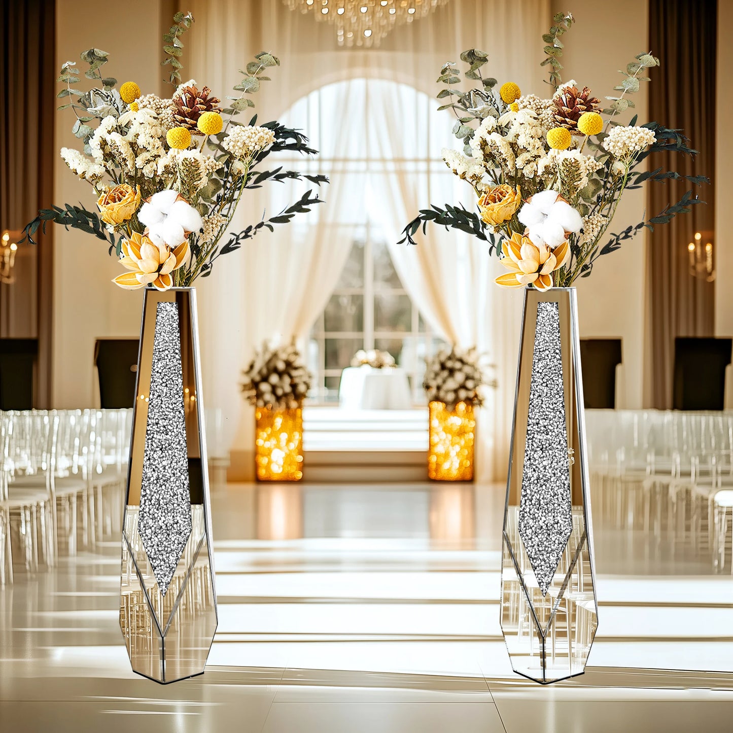 Tall Floor Mirror Vase Large Crushed Diamond Glass Vase for Modern Home Decor Crystal Centerpiece for Living Room Wedding Hotel