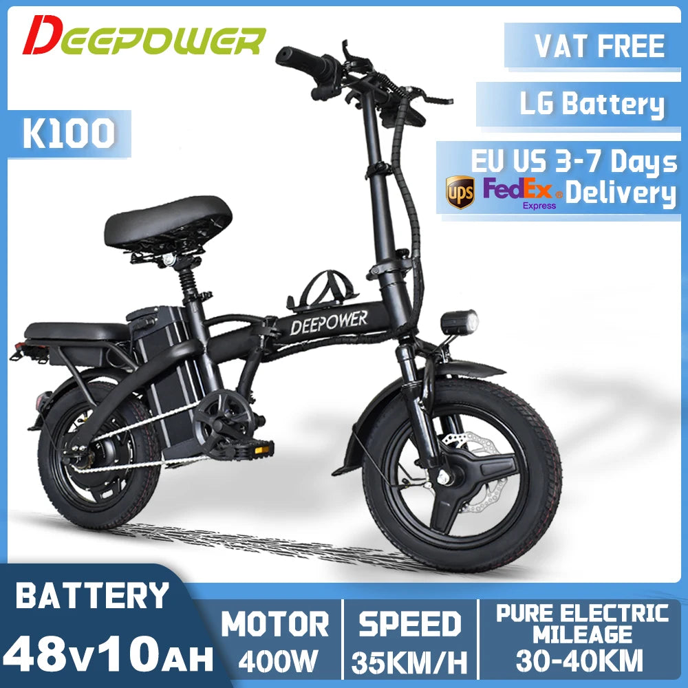 DEEPOWER K100 Electric Bike 400W 48V 10AH/30AH Foldable Adult Mini Ebike for City Commuters, Urban Commuting Electric Bicycle