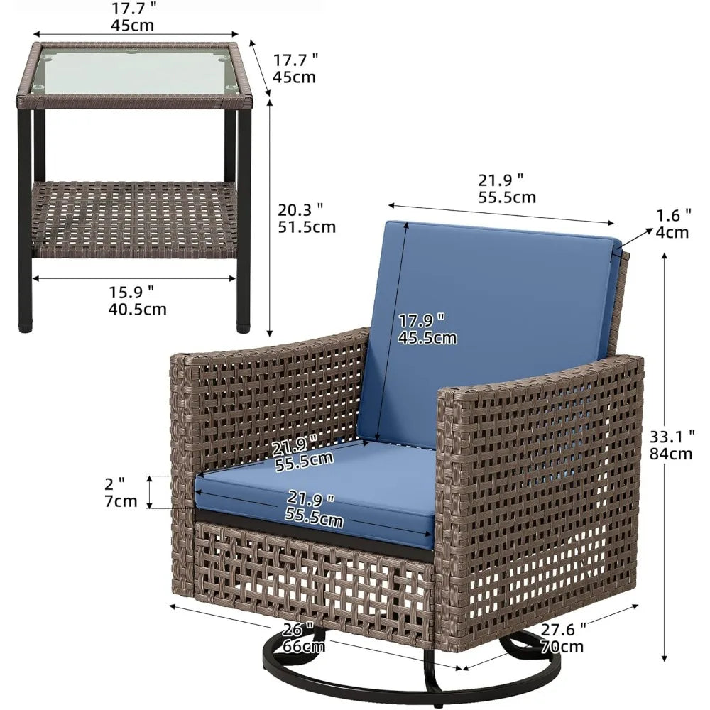 3 Pieces Swivel Rocking Chairs, Patio Wicker Chairs Outdoor Patio Furniture Set with Rattan Side Table, Thickened Cushions, Bis