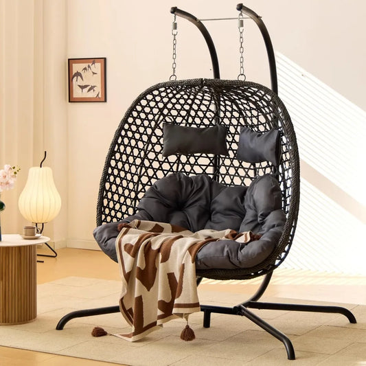 Double Hanging Swing Egg Chair with Stand, Hexagon Wicker Hammock Swing Chair for Outdoor Garden Patio