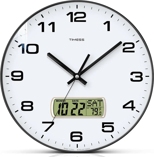 Timess Calendar Wall Clock Available in 3 Sizes and 4 Colors Battery Operated Minimalist Style with Calendar and Fahrenheit Temperature Display for Living Room Bedroom Dining Study Office Decor