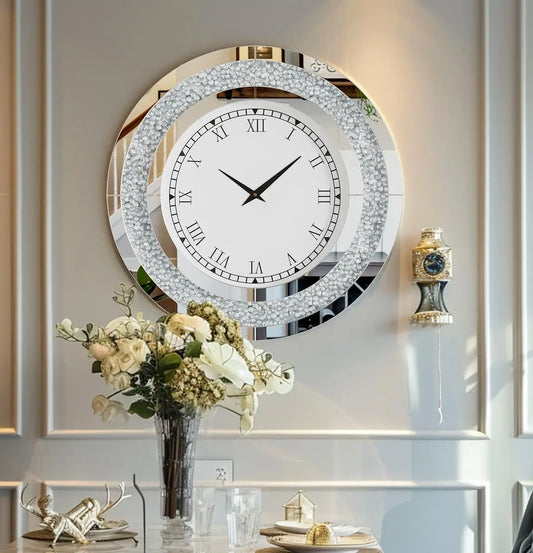 60CM 80CM Bling Silver Round Mirror Clock Glam Sparkle Twinkle Shining Mirrored Wall Clock for Home Decor