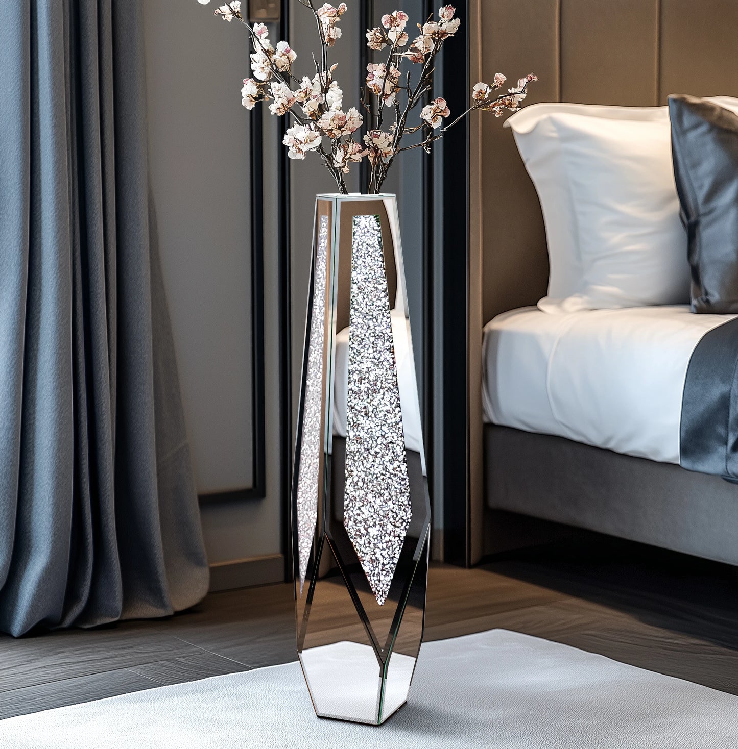 Tall Floor Mirror Vase Large Crushed Diamond Glass Vase for Modern Home Decor Crystal Centerpiece for Living Room Wedding Hotel