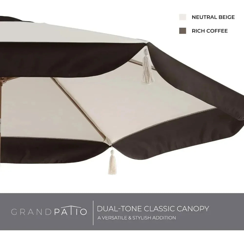 9FT Patio Umbrella with Fringe, Outdoor Tassel Umbrella with Push-Button Tilt for Poolside, Deck, Garden, Beige and Coffee