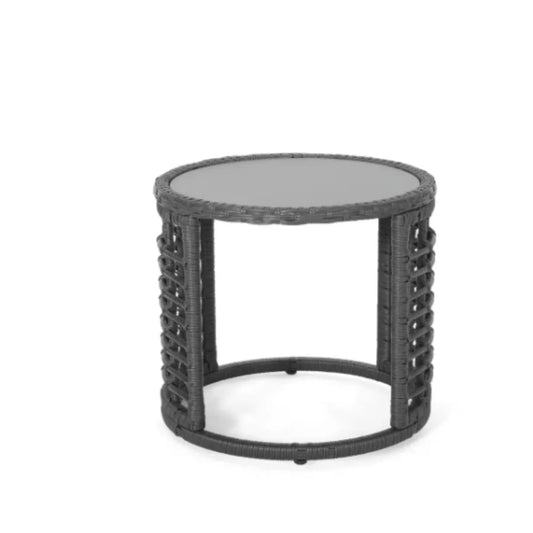 Round Faux Rattan Outdoor Patio Side Table with Tempered Glass Top for Patio, Graden, Backyard and Poolside, Weather-Resistant