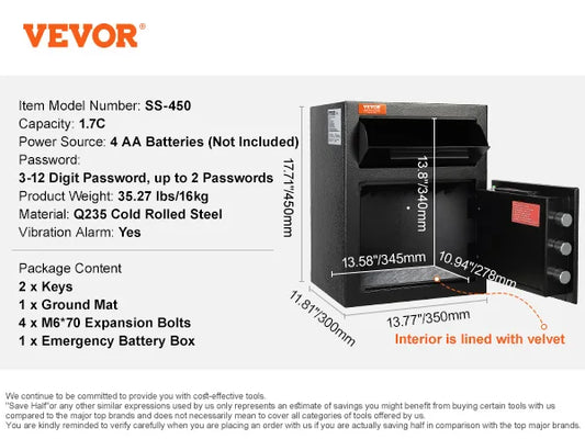 VEVOR 1.7/2.5 Cub Depository Safe Deposit Safe Electronic Code Lock & 2 Keys Business Drop Slot Safe for Cash Mail in Home Hotle