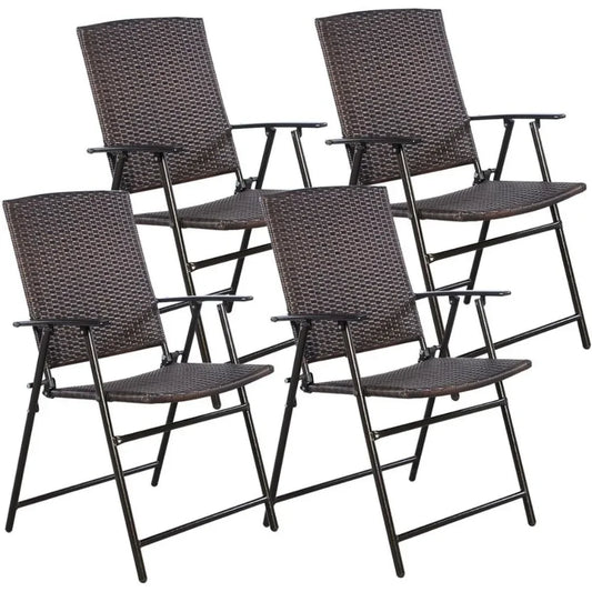 4 PCS Folding Patio Chair Set Outdoor Pool Lawn Portable Wicker Chair with Armrest & Footrest Durable Rattan Steel Frame