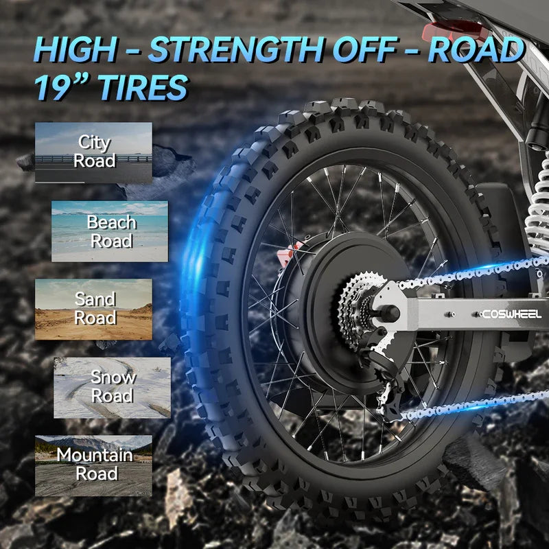 Coswheel 72V Electric Bike Motorcycles R19 6000W Dirt Mountain Bike 72V 40AH Battery Lightweight Off-Road EBike For Adult