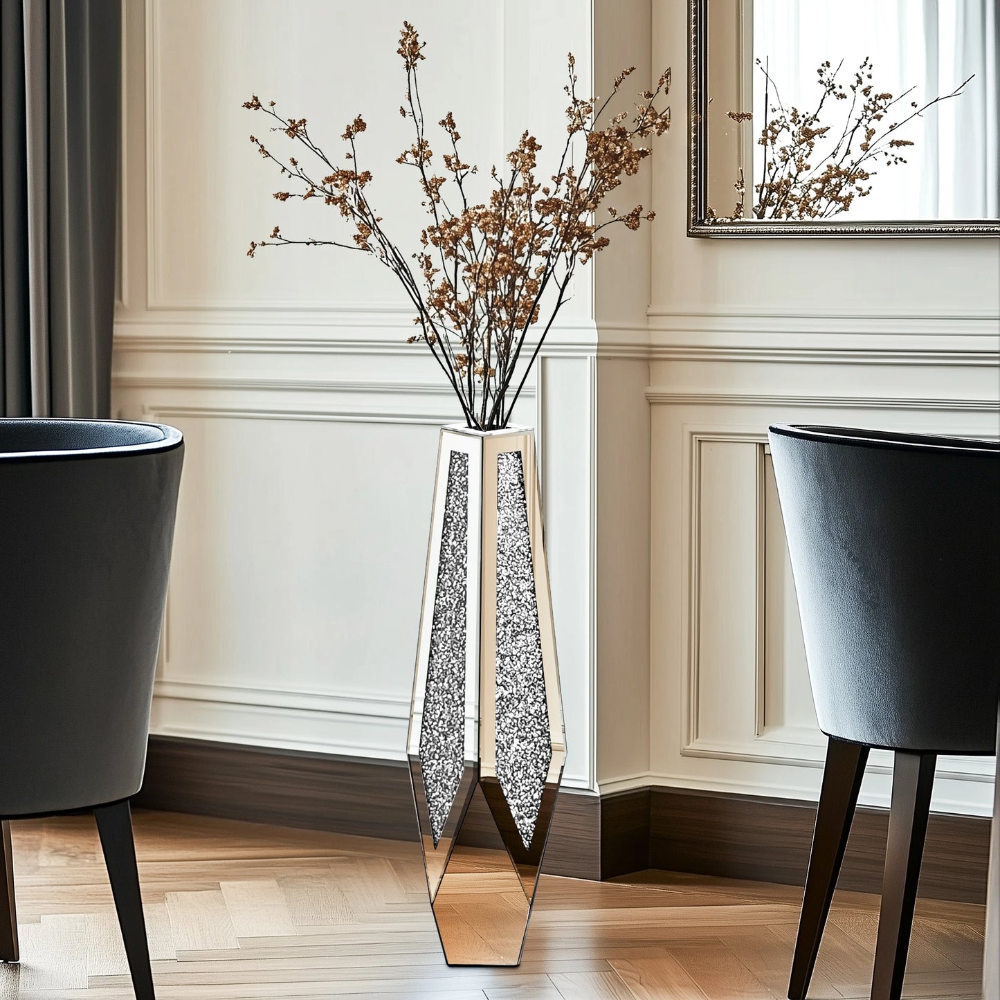 Tall Floor Mirror Vase Large Crushed Diamond Glass Vase for Modern Home Decor Crystal Centerpiece for Living Room Wedding Hotel