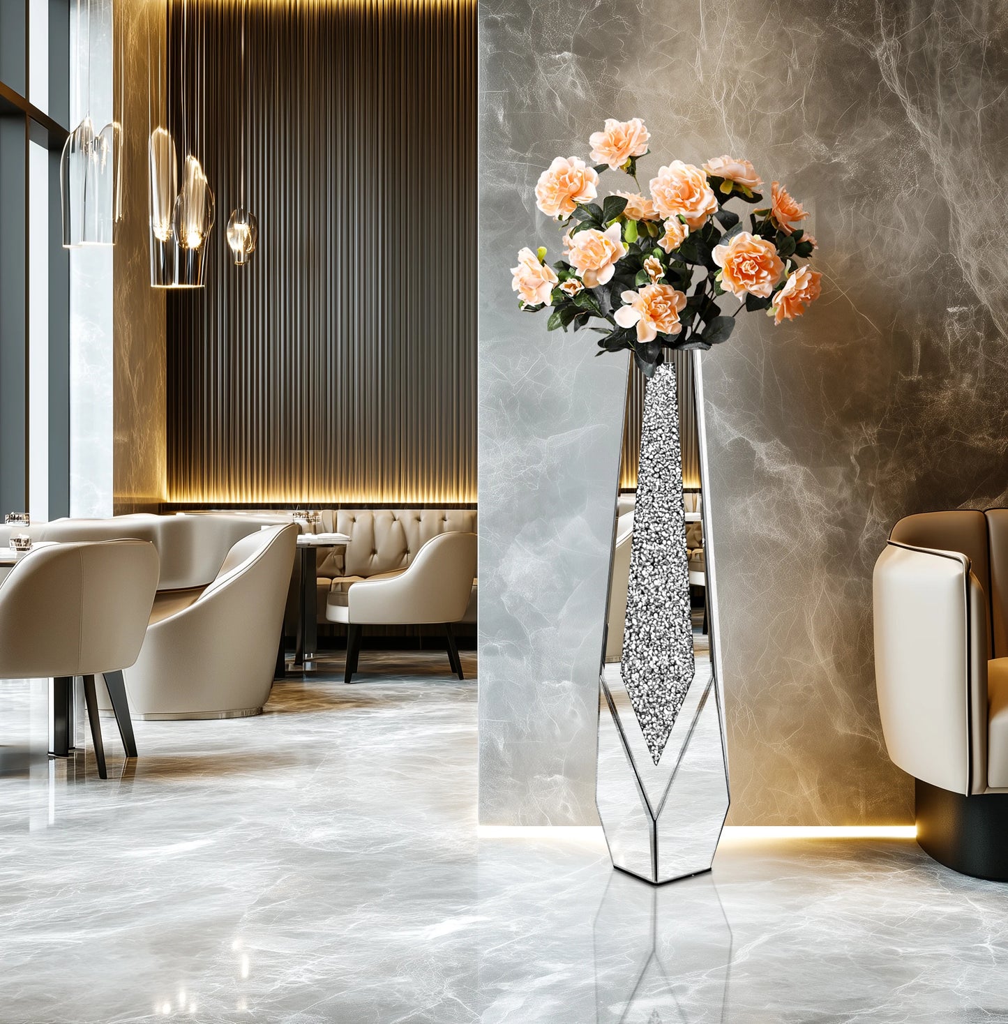 Tall Floor Mirror Vase Large Crushed Diamond Glass Vase for Modern Home Decor Crystal Centerpiece for Living Room Wedding Hotel
