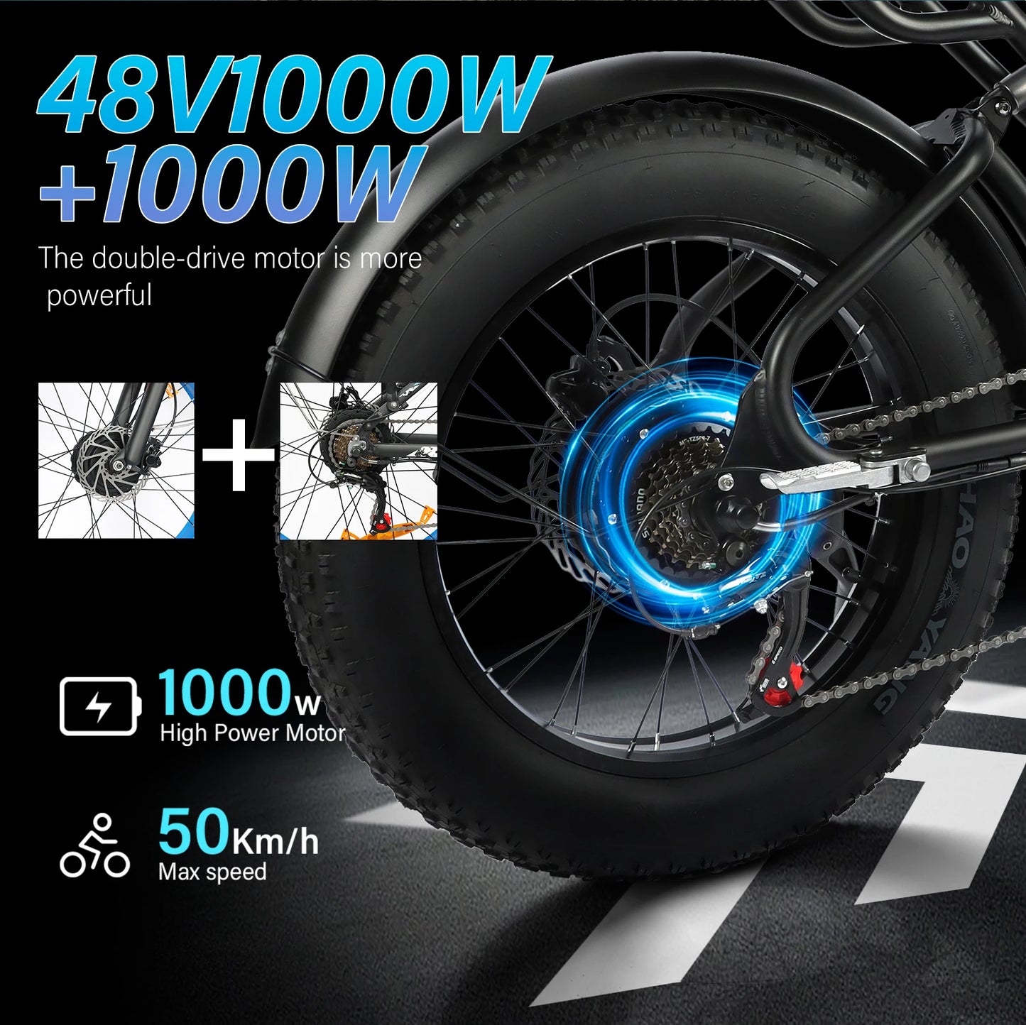 1000W+1000W Adult Fat Tire Mountain Electric Motorcycles Bike, Portable Electric Bicycle With Pedals With 48V 20AH Battery