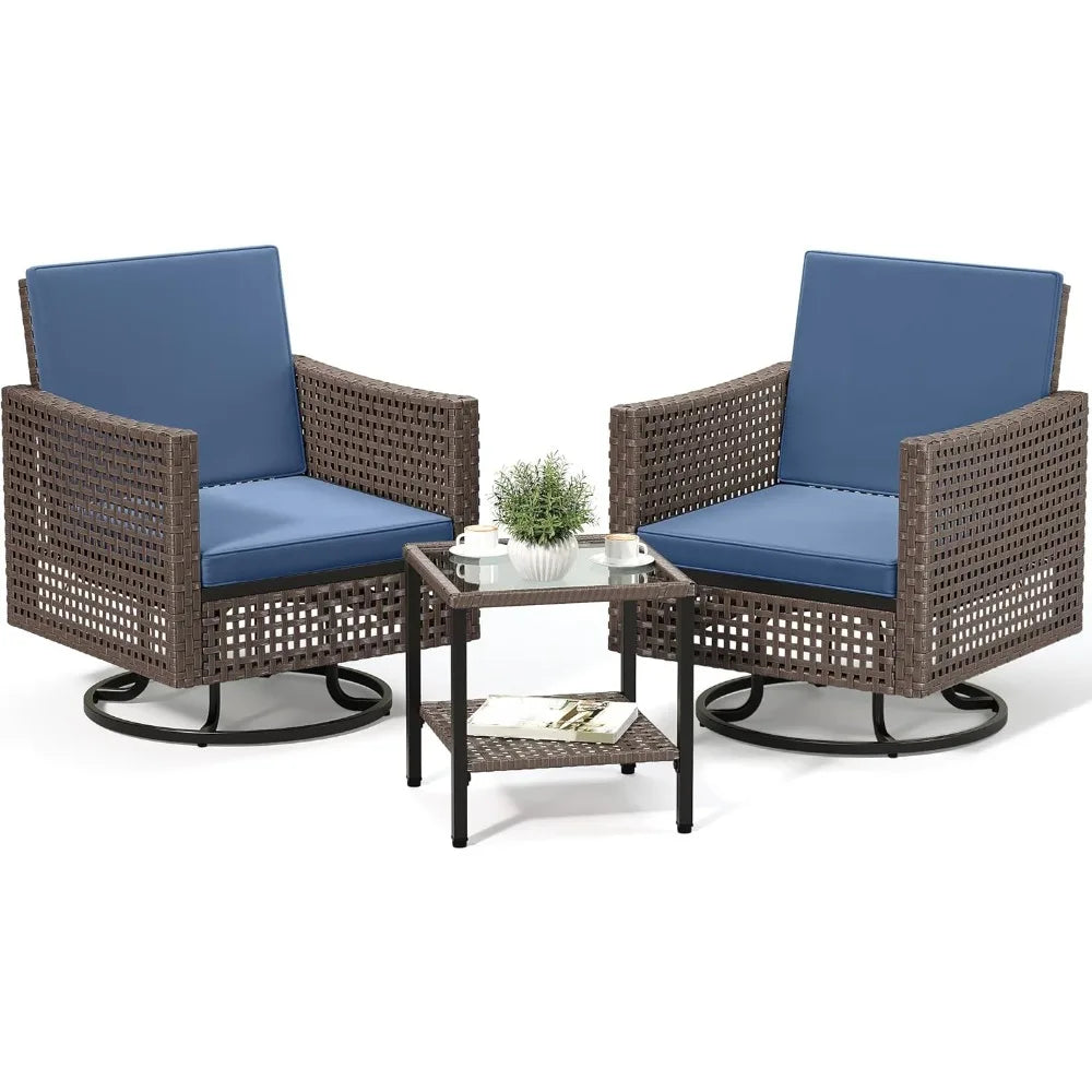 3 Pieces Swivel Rocking Chairs, Patio Wicker Chairs Outdoor Patio Furniture Set with Rattan Side Table, Thickened Cushions, Bis