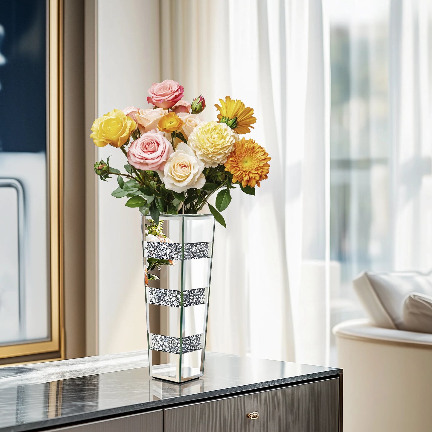 Tall Floor Mirror Vase Large Crushed Diamond Glass Vase for Modern Home Decor Crystal Centerpiece for Living Room Wedding Hotel