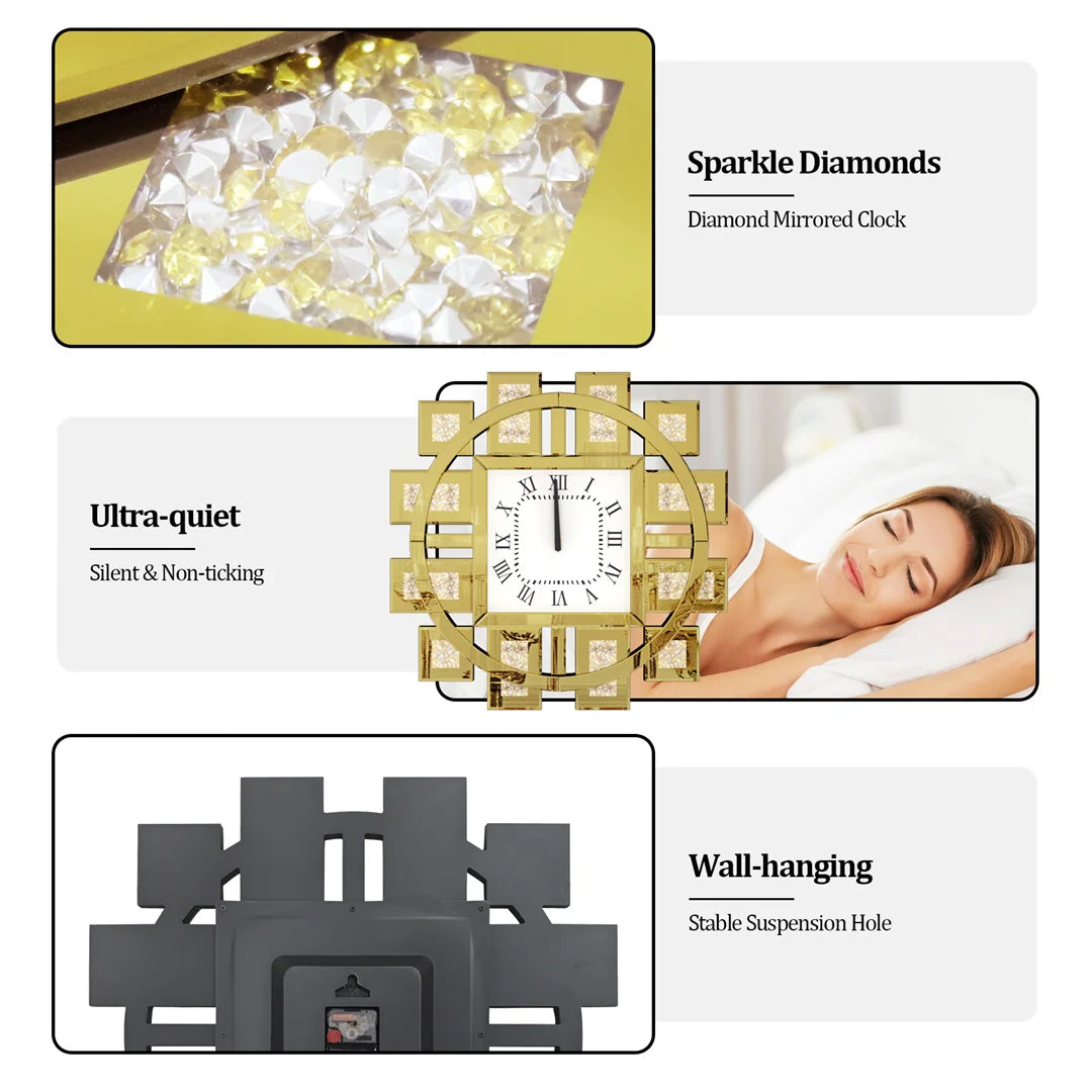 60CM Irregular Decorative Wall Clock with Silver/ Golden Crystal Crushed Diamond Inlay Battery Operated