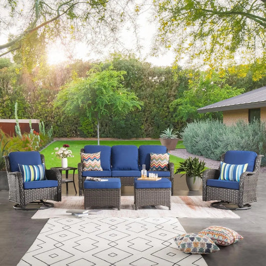 6-Pieces Patio Furniture Set with Swivel Chairs, Outdoor Wicker Sofa Couch Gliders Rocker Comfy Cushions, Modern High Back Conv