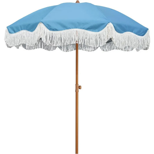Boho Fringe Umbrella Outdoor Patio, 6.5ft UPF50+ Picnic Umbrella with Tassels with Steel Pole and Push Button Tilt