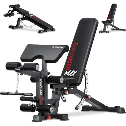 KeppiFitness Adjustable Weight Bench, Bench3000 MAX Heavy Duty Workout Bench Press with Leg Extension and Preacher Pad