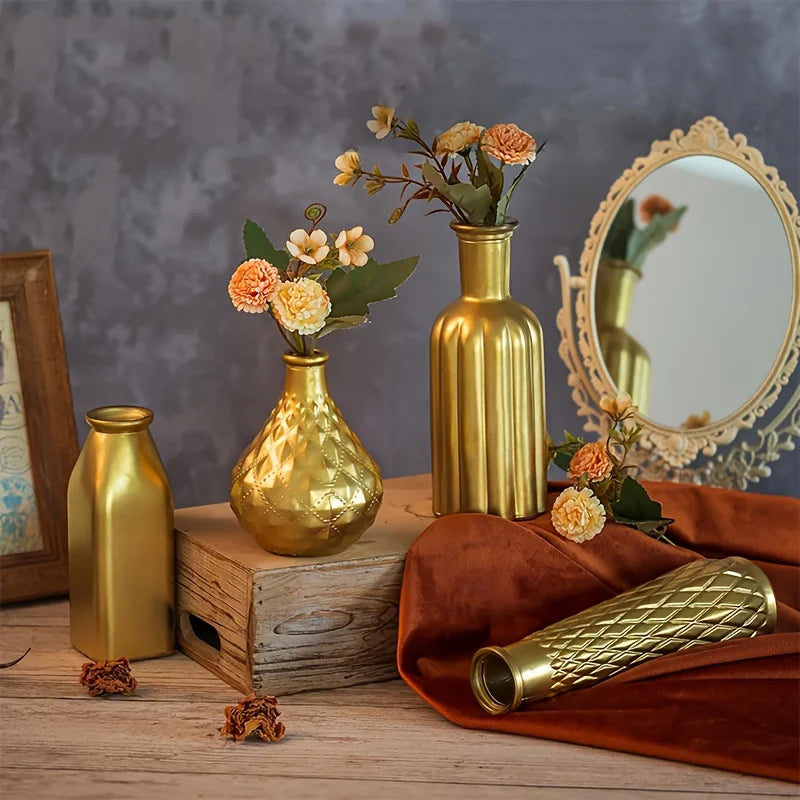 Cylindrical Gold Glass Vase with Gilded Finish Antique Art Style for Home Decoration and Table Centerpiece