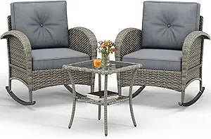 3 Pieces Swivel Rocking Chairs, Patio Wicker Chairs Outdoor Patio Furniture Set with Rattan Side Table, Thickened Cushions, Bis