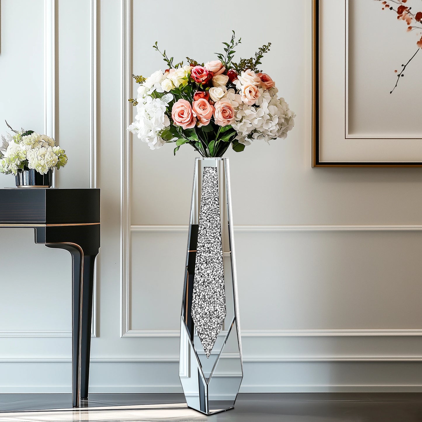 Tall Floor Mirror Vase Large Crushed Diamond Glass Vase for Modern Home Decor Crystal Centerpiece for Living Room Wedding Hotel
