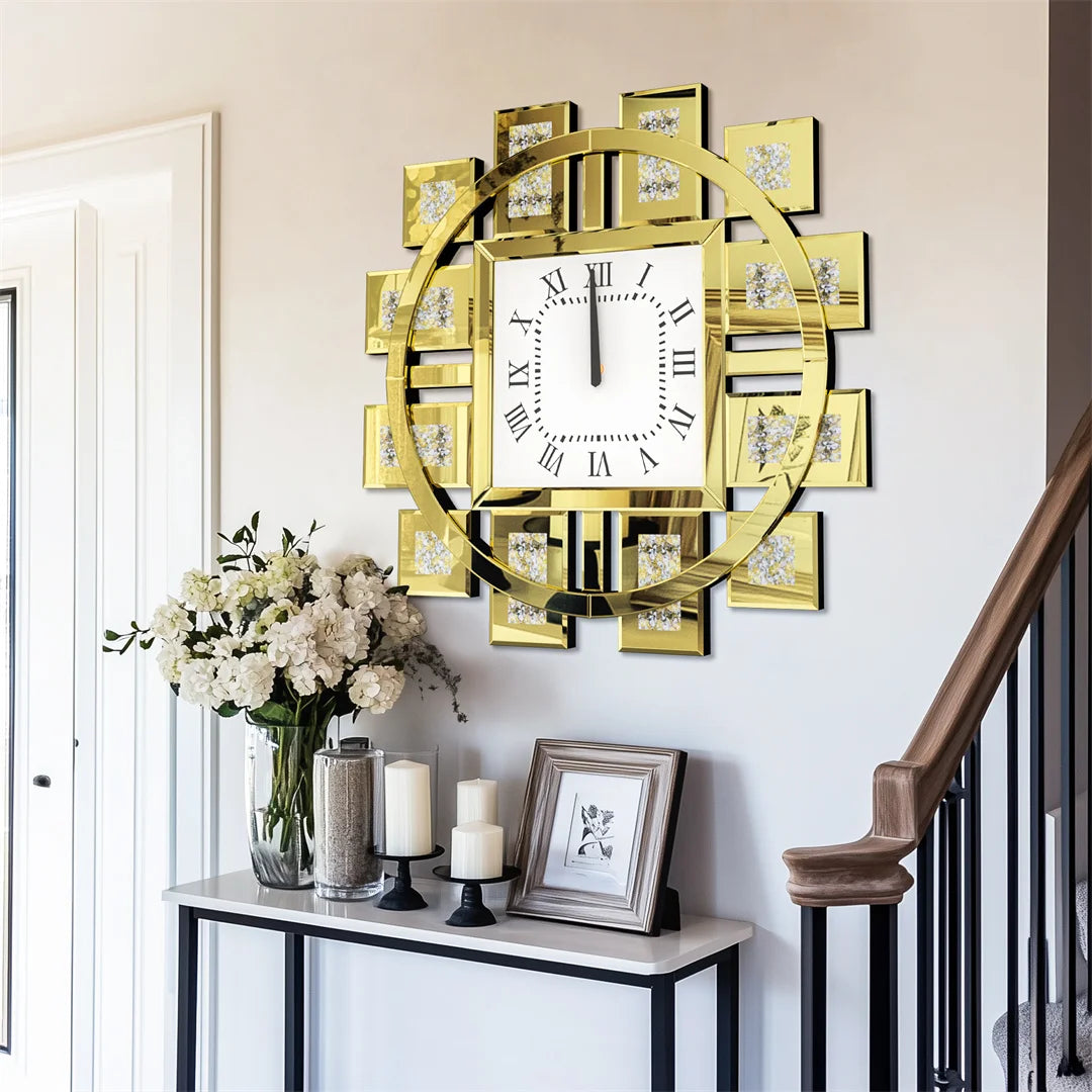 60CM Irregular Decorative Wall Clock with Silver/ Golden Crystal Crushed Diamond Inlay Battery Operated