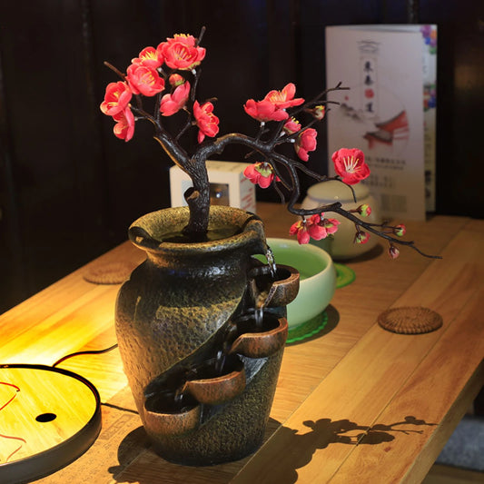 Water Fountain with Rock LED Light Mini Fountain Water Humidifier Office Relaxation Decor Retro Zen Resin Desktop Vase