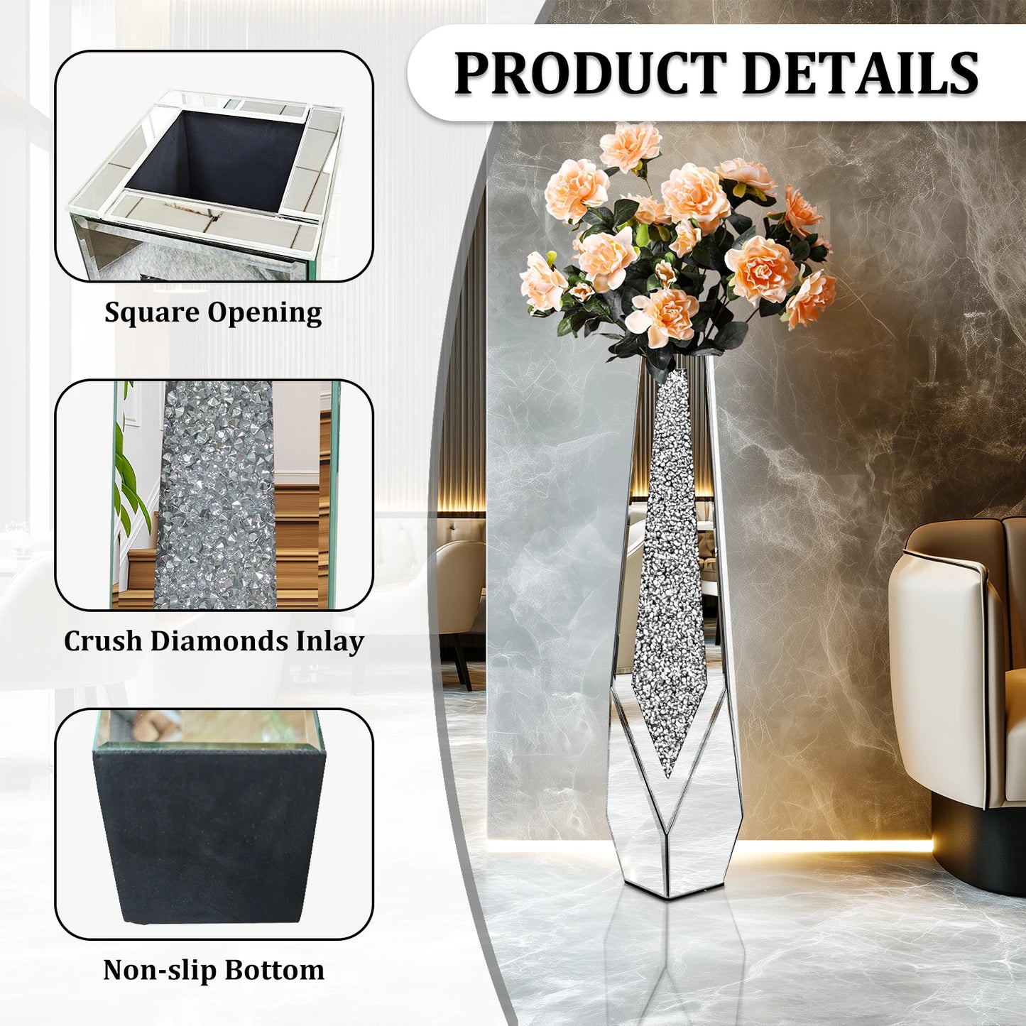Tall Floor Mirror Vase Large Crushed Diamond Glass Vase for Modern Home Decor Crystal Centerpiece for Living Room Wedding Hotel