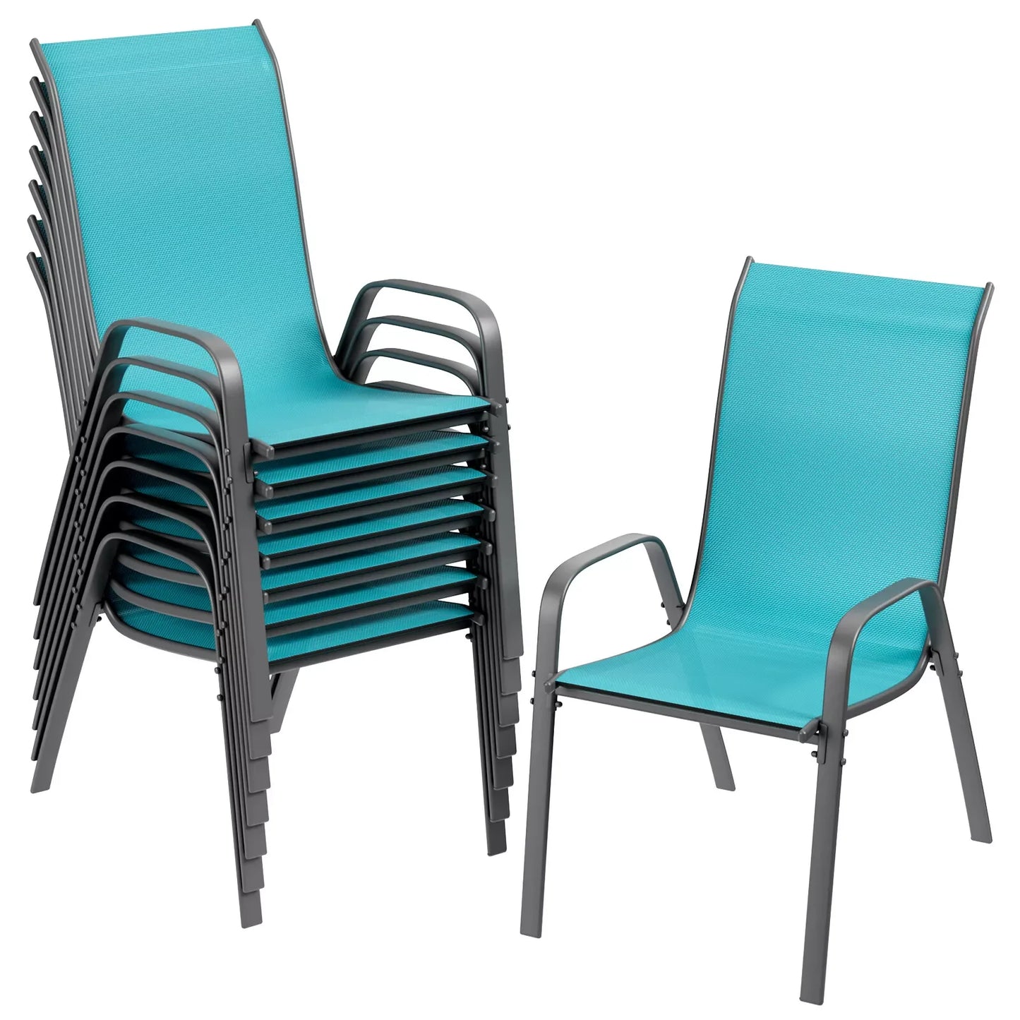 Patio Chairs Set Of 8 Stackable Textilene Outdoor Dining Furniture All Weather With 20 Inch Wide Seat And Metal Frame