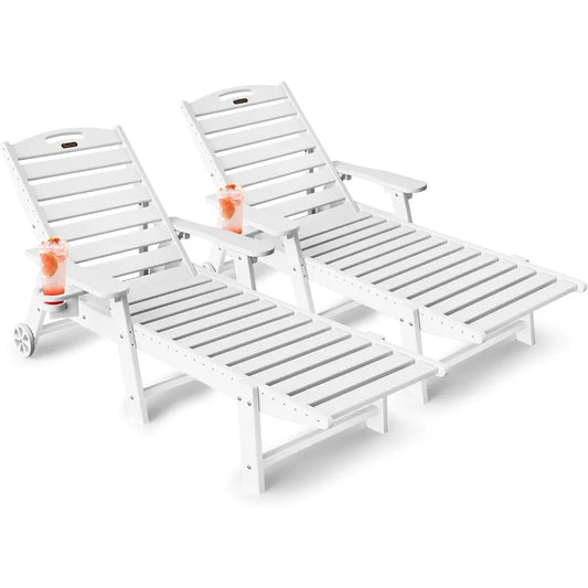 Lounge Chair Outdoor Set of 2, HDPE Chaise Lounge Outdoor with 6-Position & Wheels &Cup Holder, Pool Lounge Chair for Pool Pools