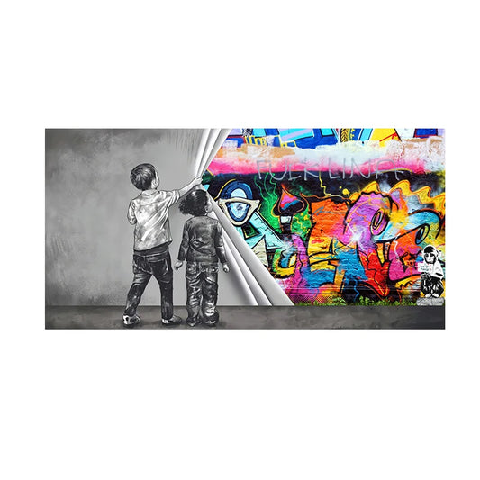 Banks Graffiti Art Fun Two Children Pulling Cloth Posters and Print Canvas Painting Wall Art Pictures for Living Room Home Decor