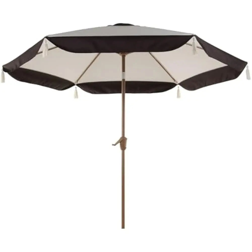 9FT Patio Umbrella with Fringe, Outdoor Tassel Umbrella with Push-Button Tilt for Poolside, Deck, Garden, Beige and Coffee