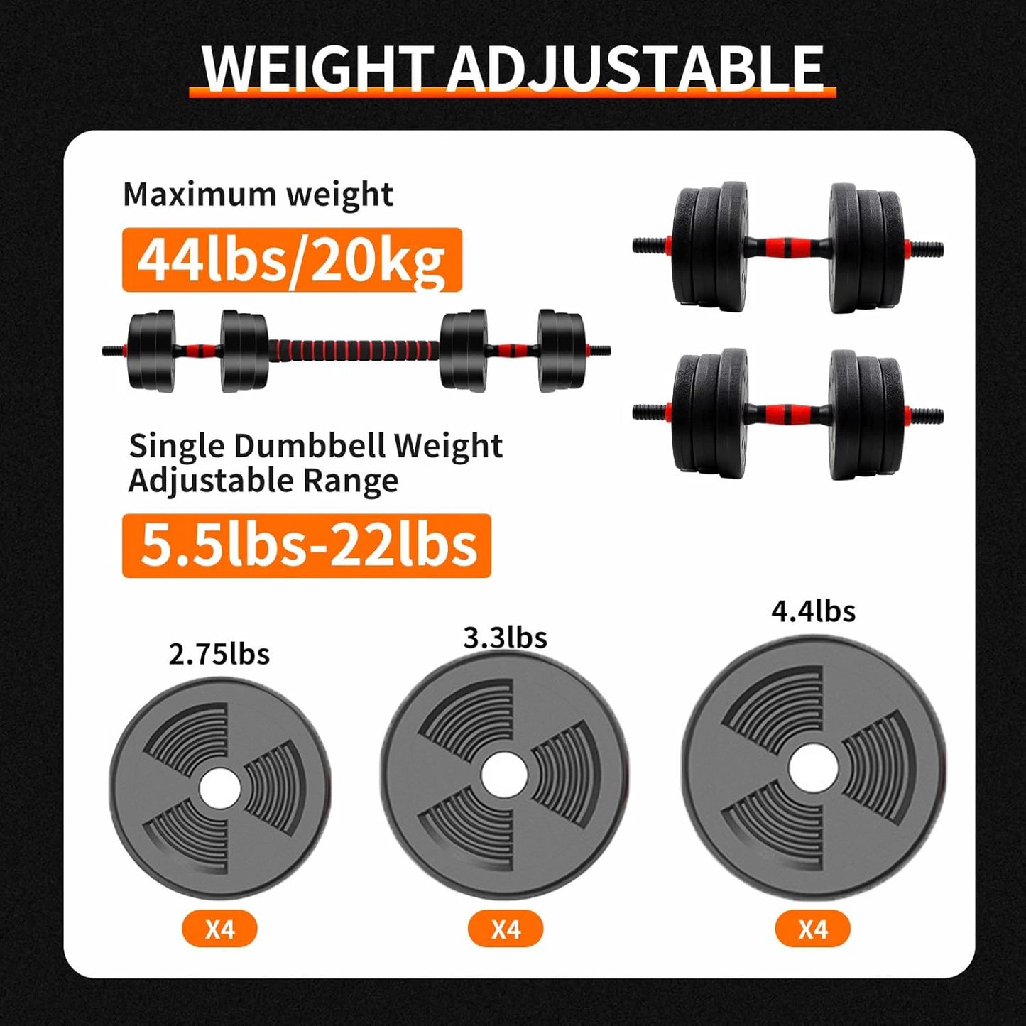 Adjustable Dumbbell and Barbell Set 5 to 44 Lb with Anti Slip Grip for Home Gym Strength Training