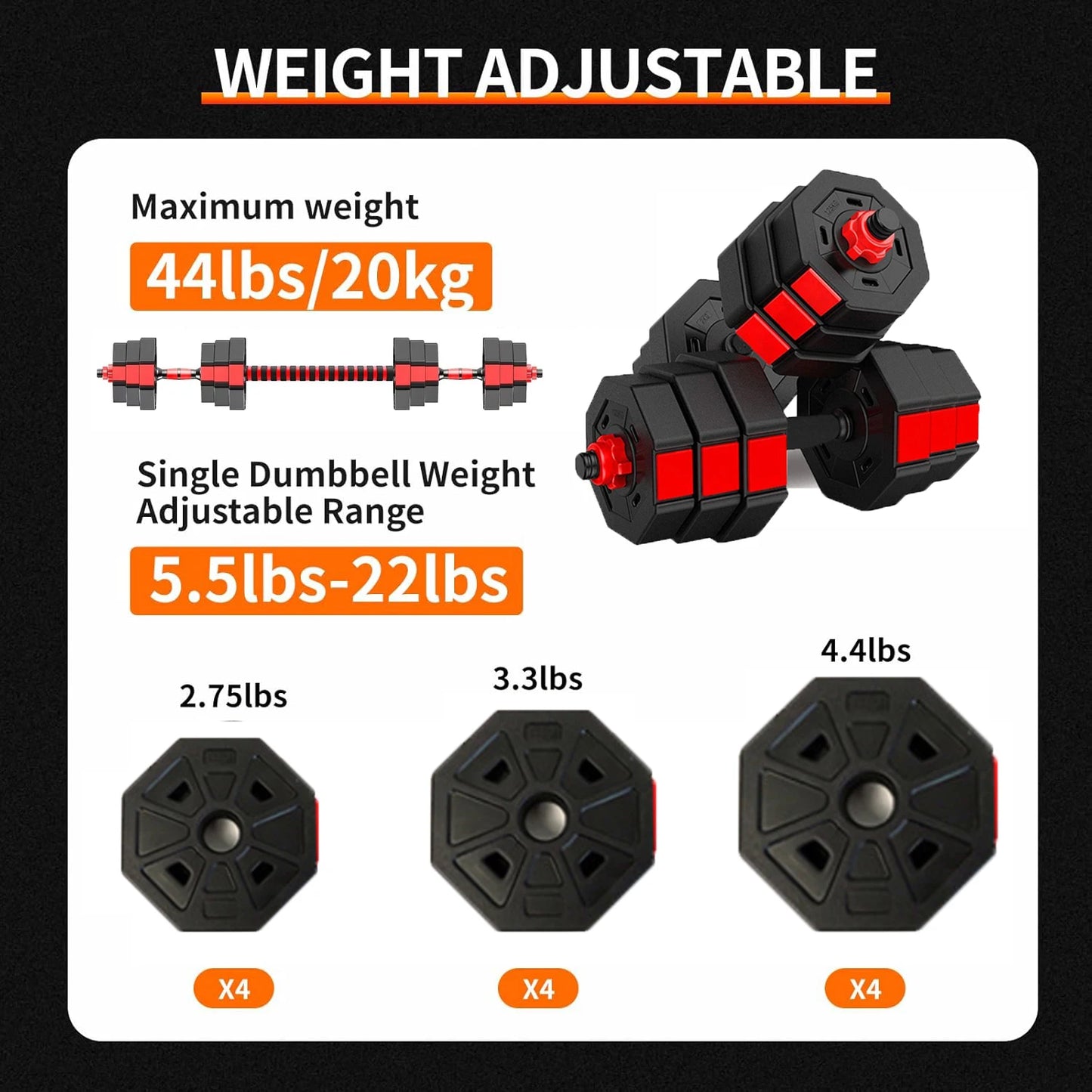 Adjustable Dumbbell To Barbell Fitness Set 44Lbs Anti Slip Grip 3 In 1 Home Gym Strength Training Barbell Weight Set
