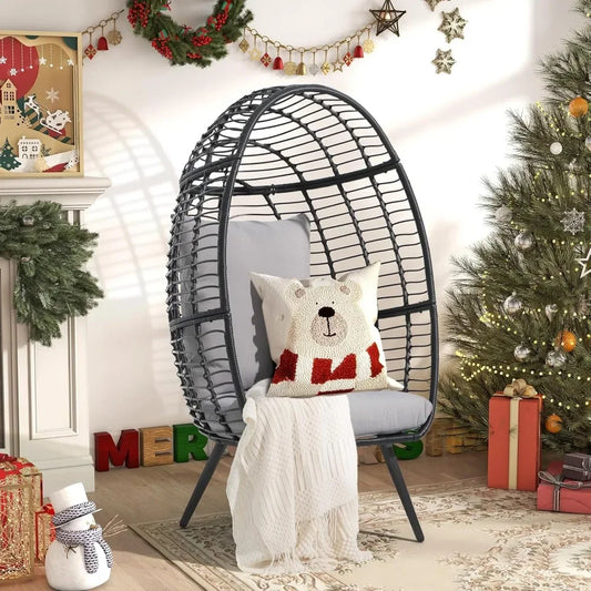 Wicker Egg Chair Outdoor Indoor, Rattan Lounge Chair for Outside w/Legs Cushion, Basket Wicker Chair