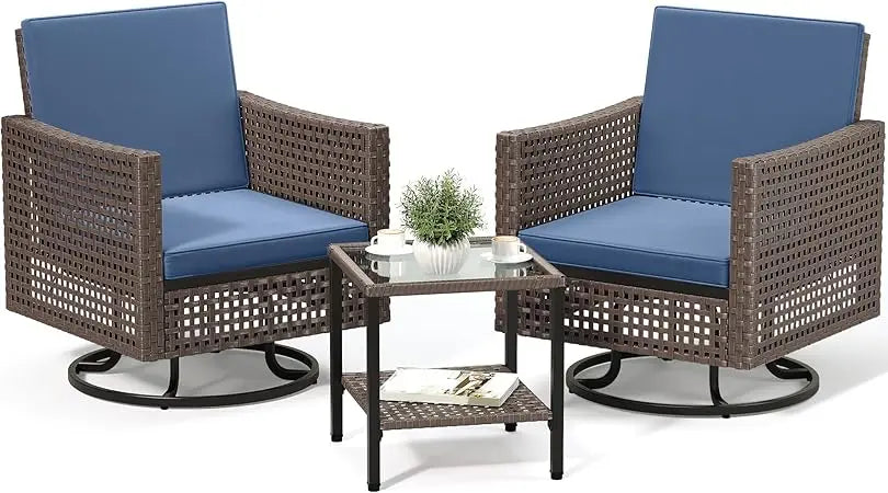 3 Pieces Swivel Rocking Chairs, Patio Wicker Chairs Outdoor Patio Furniture Set with Rattan Side Table, Thickened Cushions, Bis
