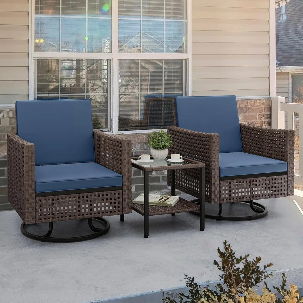 3 Pieces Swivel Rocking Chairs, Patio Wicker Chairs Outdoor Patio Furniture Set with Rattan Side Table, Thickened Cushions, Bis