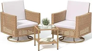3 Pieces Swivel Rocking Chairs, Patio Wicker Chairs Outdoor Patio Furniture Set with Rattan Side Table, Thickened Cushions, Bis