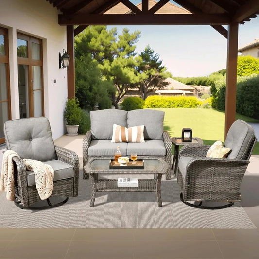5 Pieces Patio Furniture Set, Outdoor Wicker Sofa with Swivel Chairs, Coffee Table, All Weather High Back Rattan Loveseat Couch